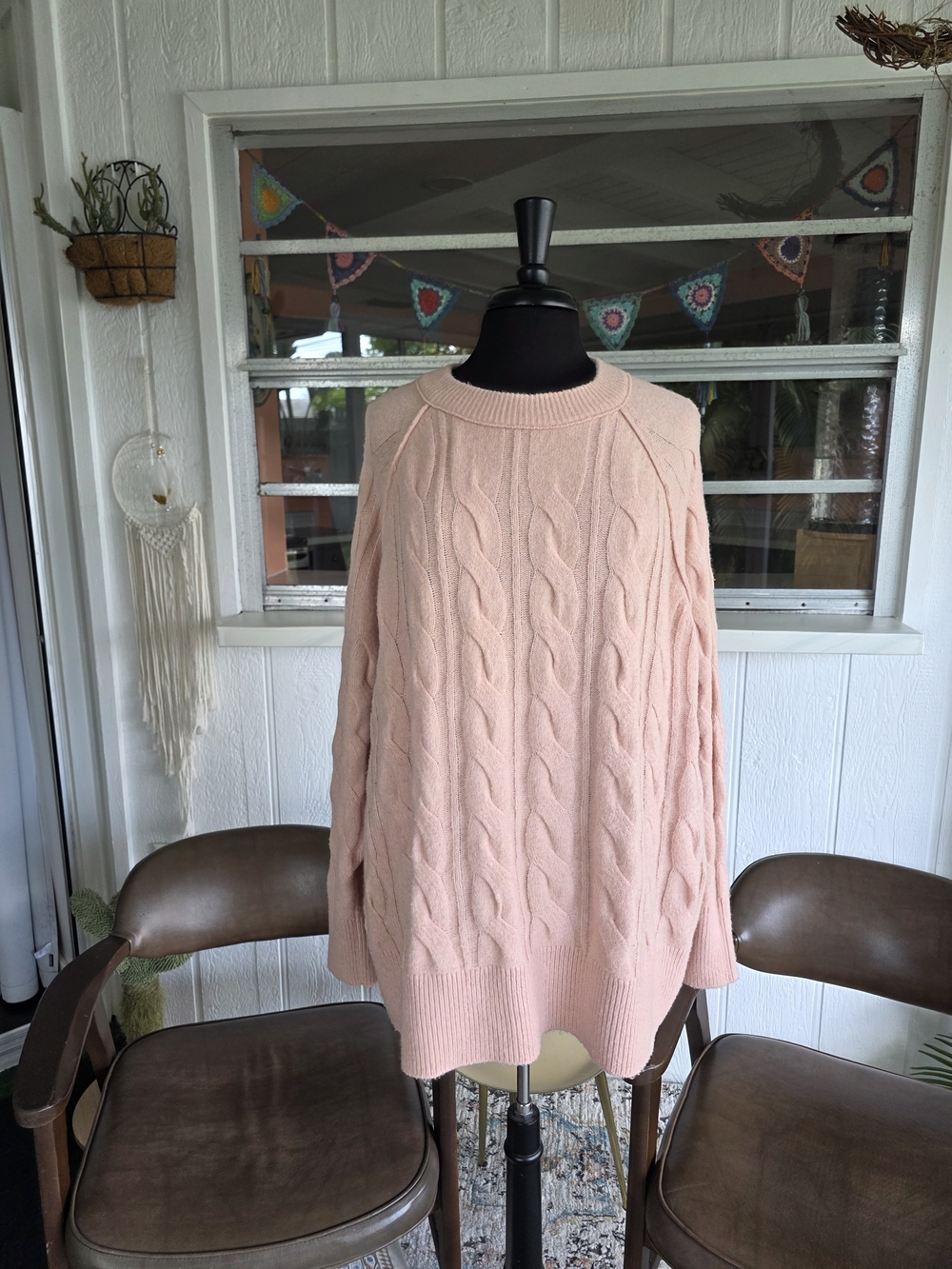 NWT Aerie Peach Cable Crewneck Sweater Super Soft Large Oversized - Picture 3 of 15